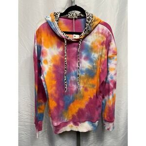 AND‎ THE WHY Tie Dye Leopard Lined Hoodie Size L Ribbed Knit